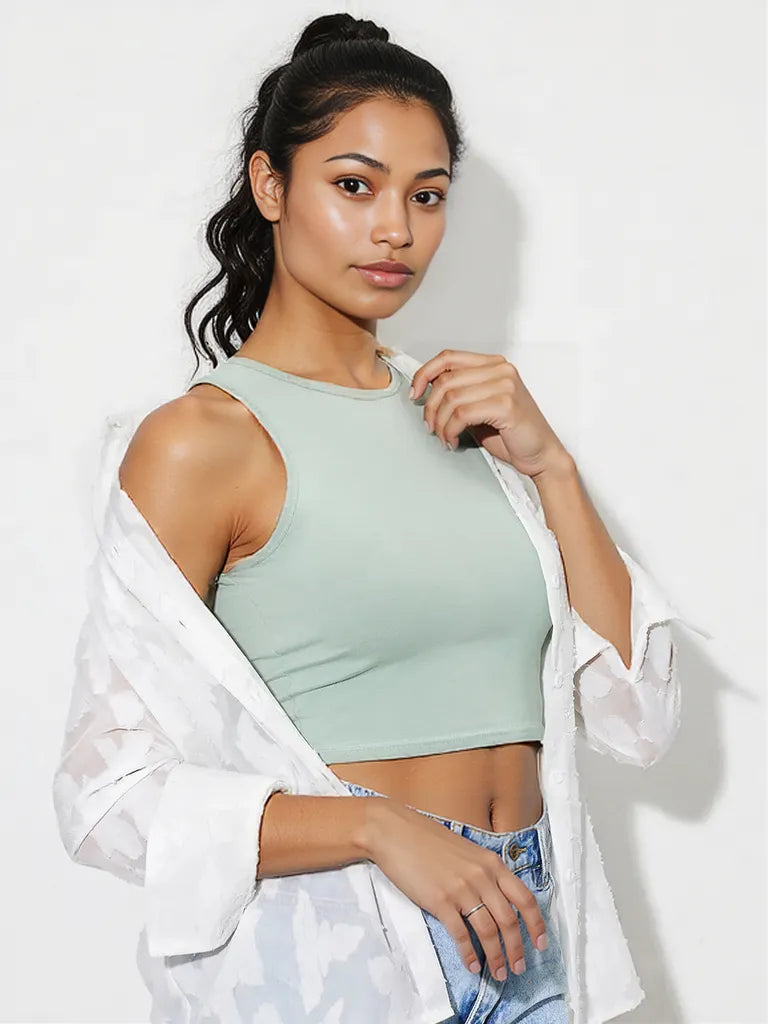 Round Neck Cropped Tank Sage
