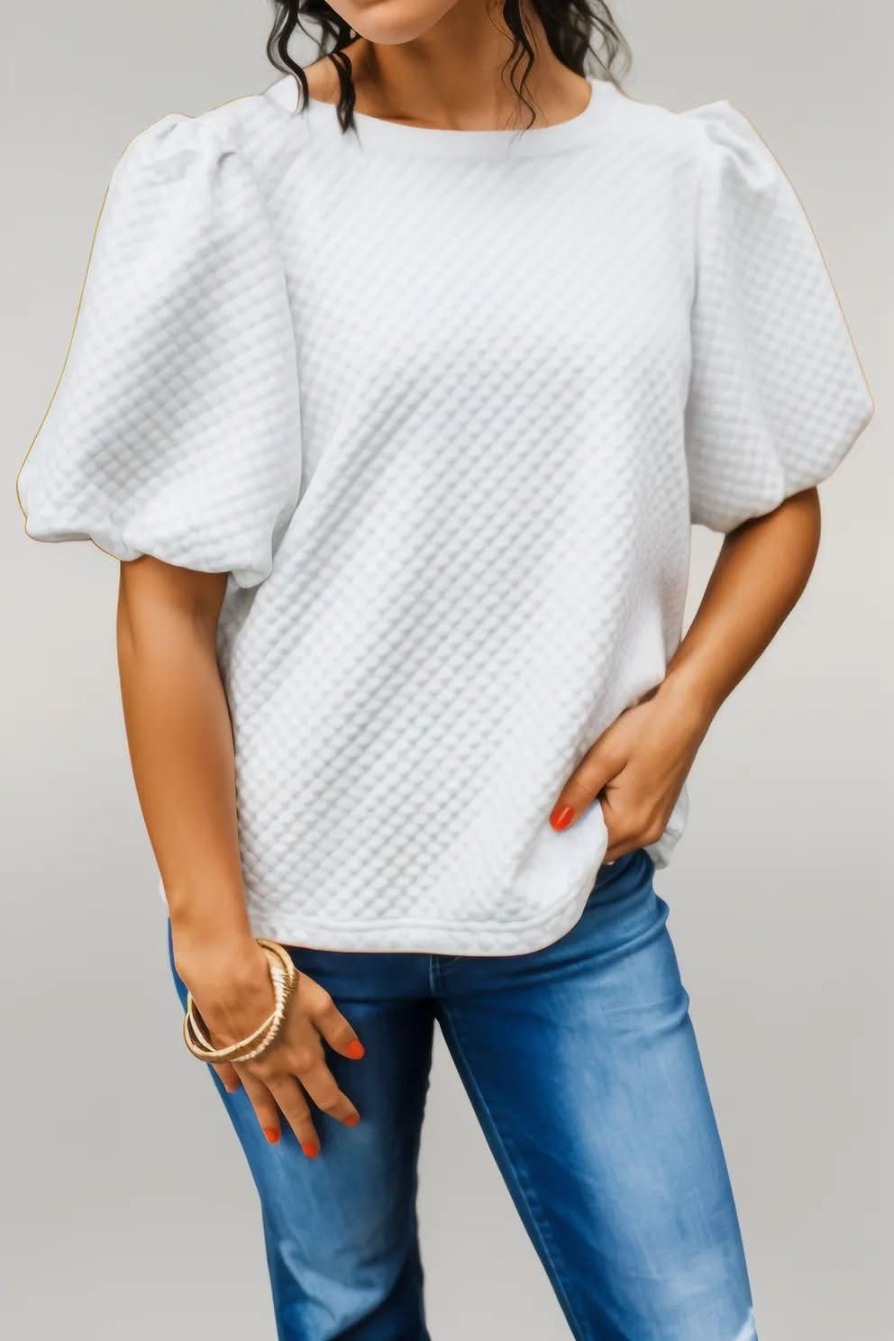 Phalaenopsis Solid Textured O Neck Puff Sleeve Blouse White 97%Polyester+3%Elastane