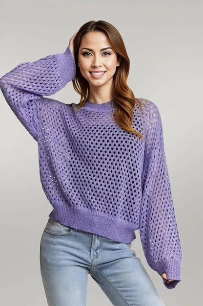 ADORA Round Neck Lurex Crochet Top PURPLE