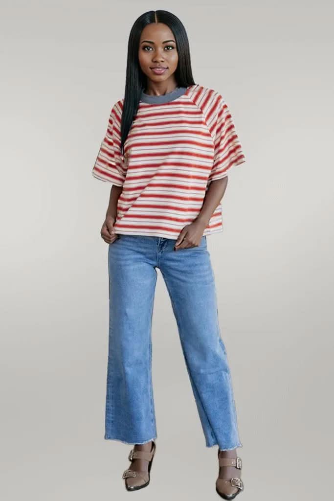 Tomato Red Stripe Print Contrast Collar Raglan Sleeve T Shirt