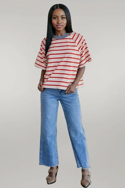 Tomato Red Stripe Print Contrast Collar Raglan Sleeve T Shirt