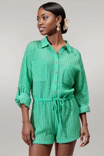 SO ME Textured Knit Button Front Romper