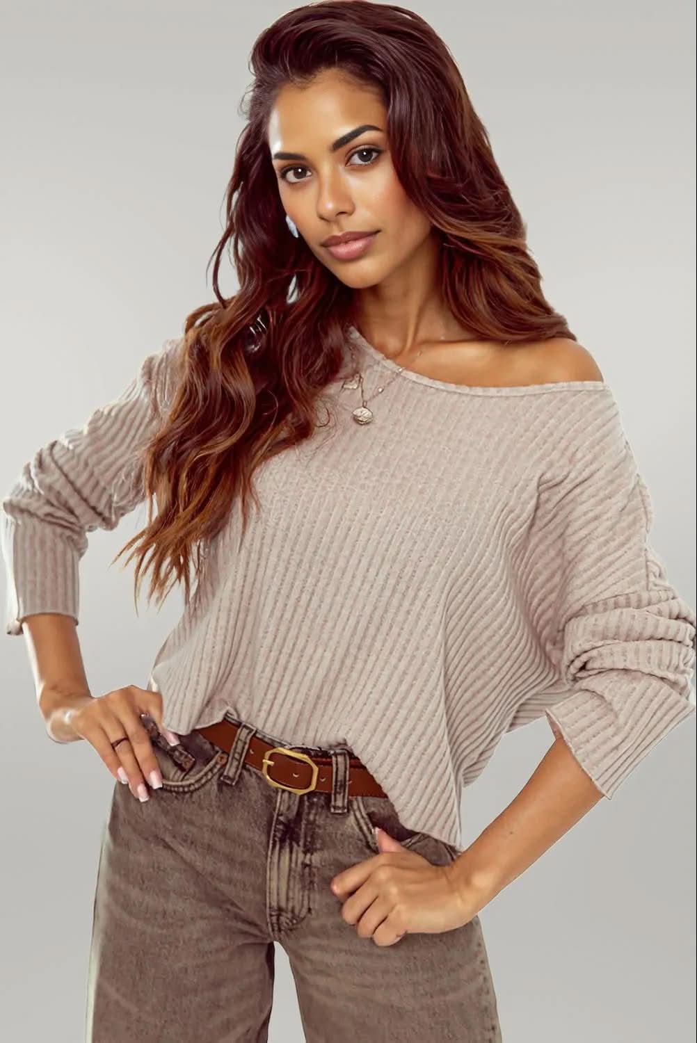 Beige Lettuce Cuffs Drop Shoulder Loose Ribbed Knit Top Beige 95%Polyester+5%Elastane