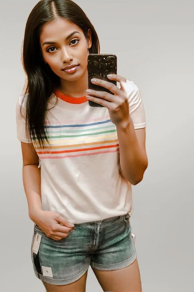 White Rainbow Stripe Print Contrast Crewneck T Shirt