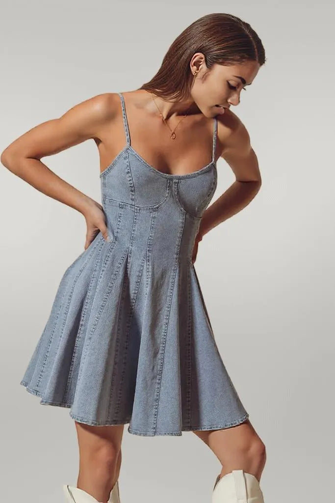 SO ME A Line Fit and Flare Denim Mini Dress DENIM