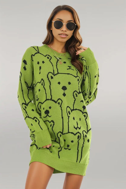 Bear Pattern Round Neck Sweater Dress Yellow-Green