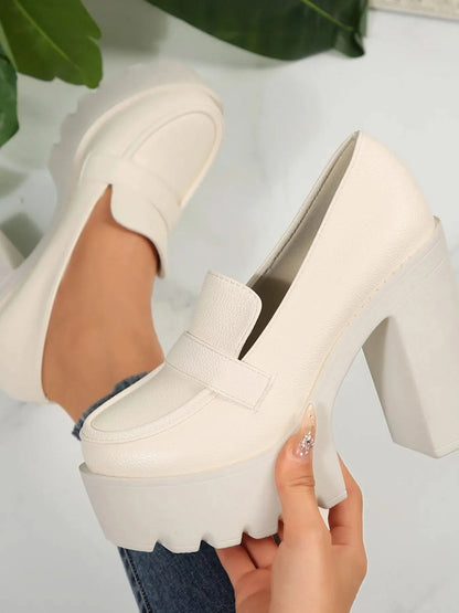 Round Toe Platform Block Heels Pumps Beige