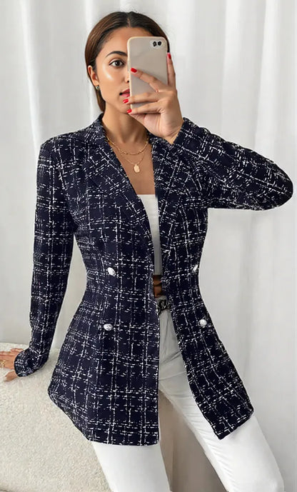 Tweed Double-Breasted Blazer Navy Blue
