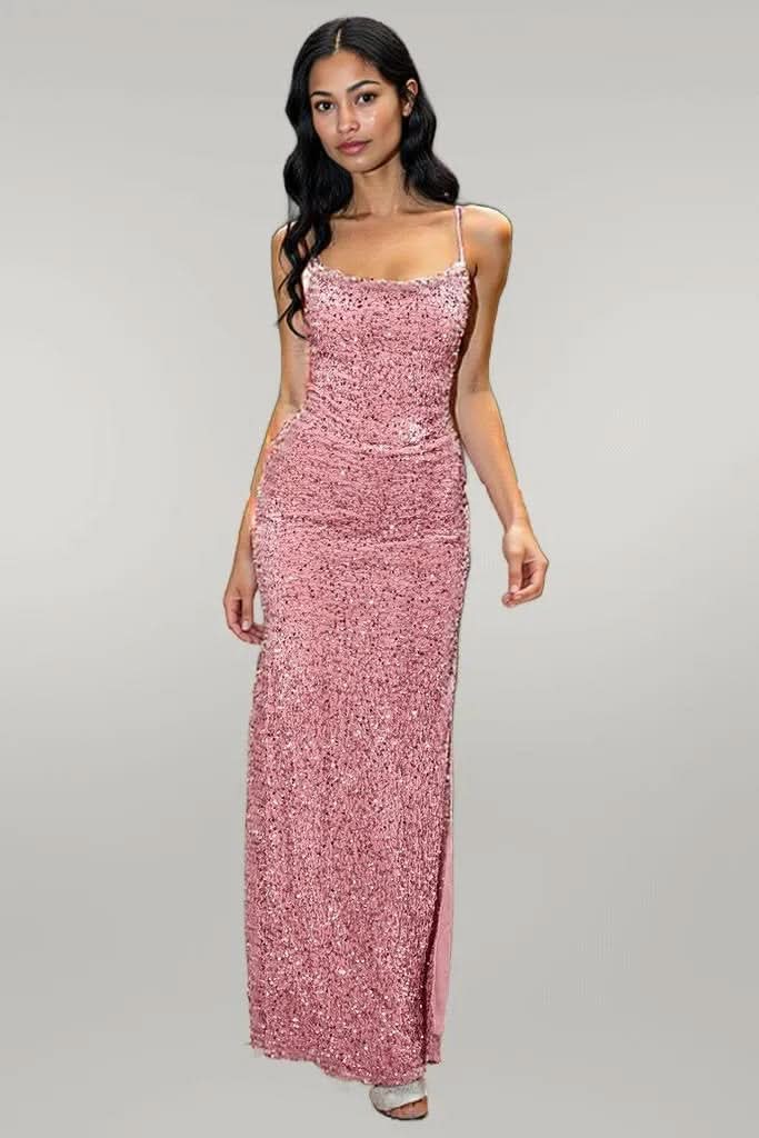 Sequin Backless Split Maxi Dress Strawberry