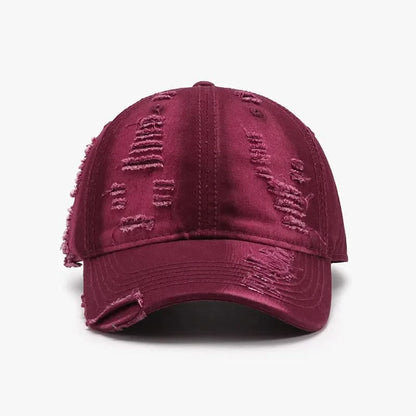 Distressed Adjustable Cotton Baseball Cap Burgundy One Size