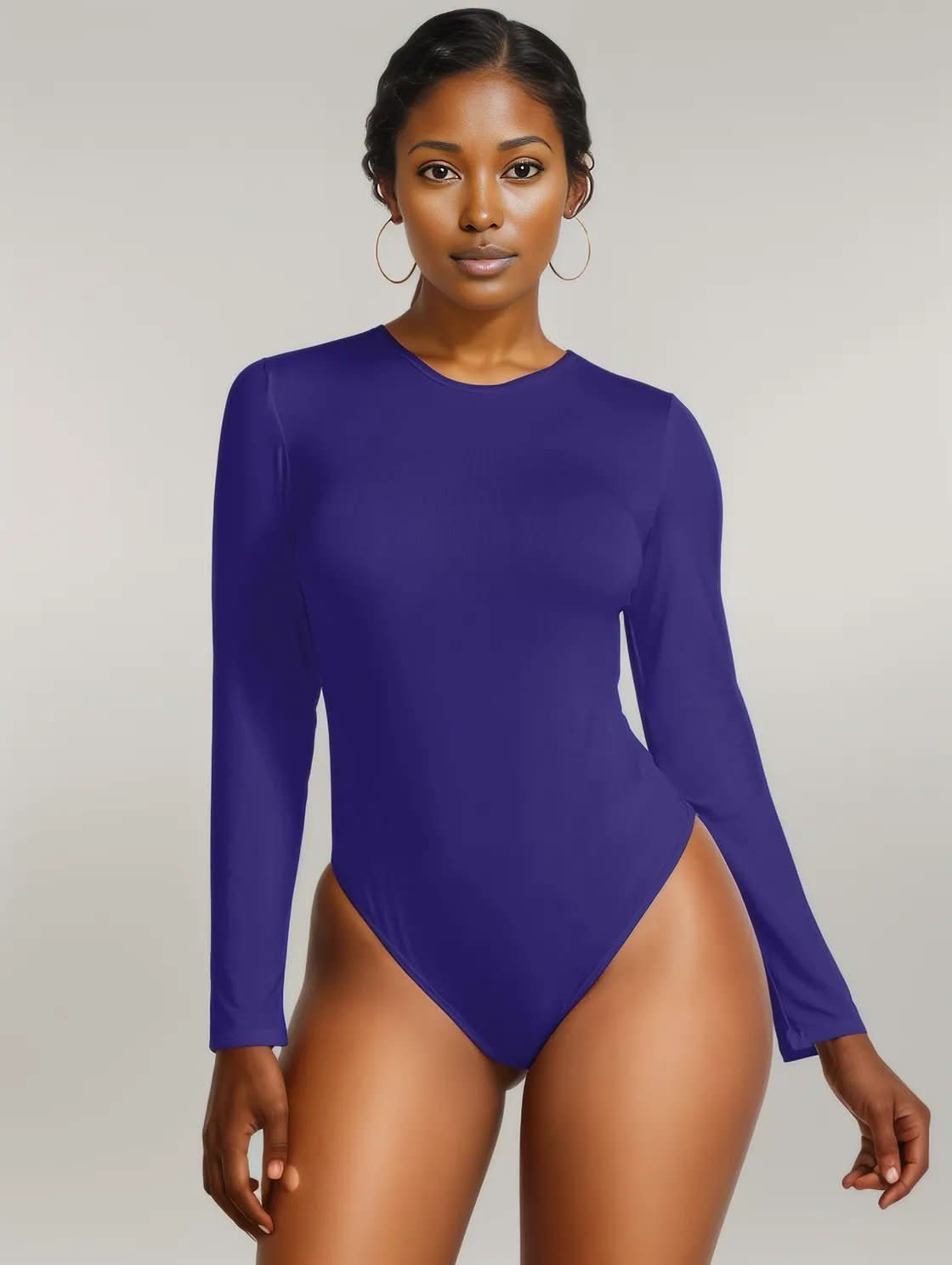 Round Neck Long Sleeve Bodysuit Dark Blue