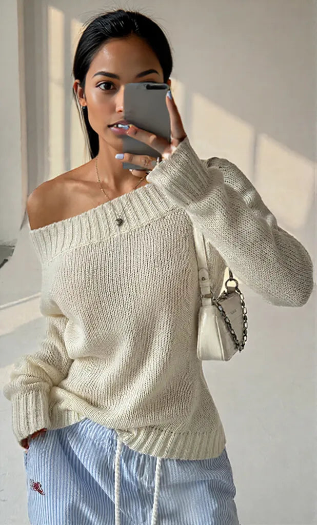 Ribbed Knit Boat Neck Sweater White