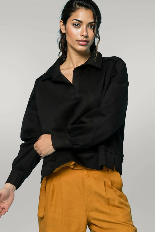 Umgee Collared Neck Long Sleeve Top with Raw Hem Detail Black