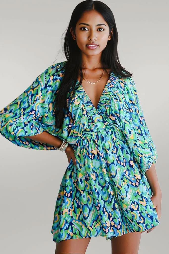 Pink Abstract Print Puff Sleeve V Neck High Waist Romper Green 100%Polyester