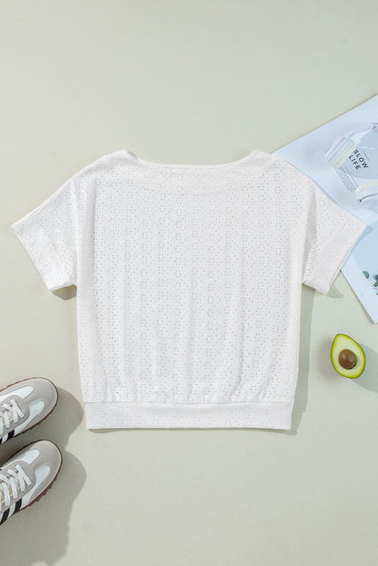 White Eyelet Pattern Boat Neck Casual Tee White 97%Polyester+3%Elastane