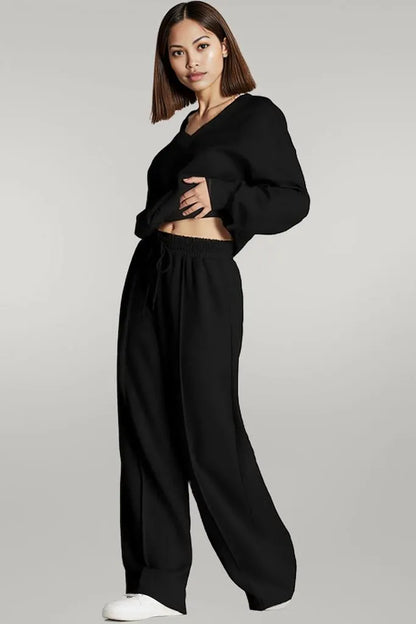 V-Neck Long Sleeve Top and Pants Active Set