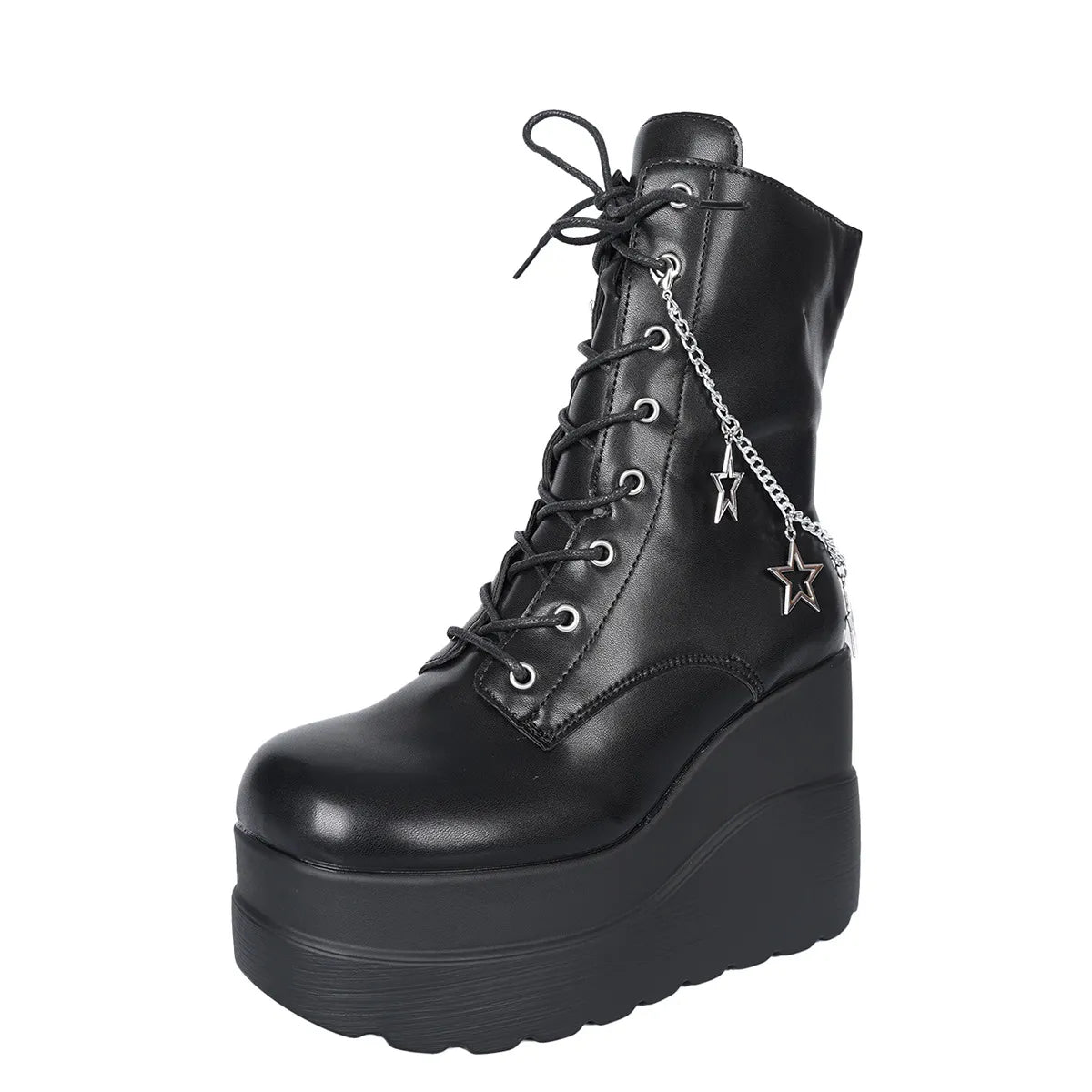 Lace Up Platform Wedge Boots Black