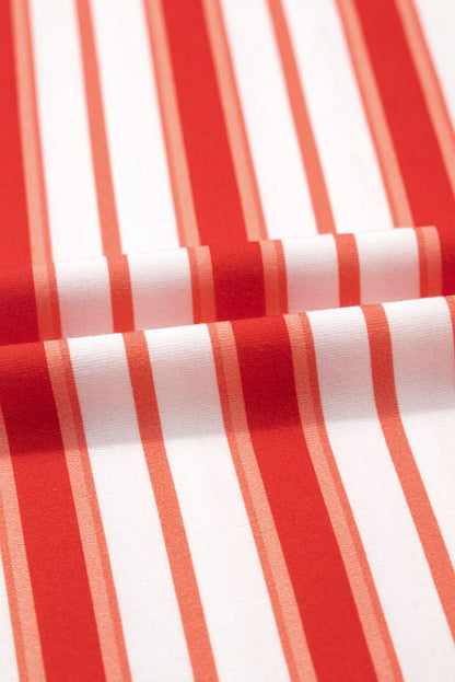 Tomato Red Stripe Print Contrast Collar Raglan Sleeve T Shirt