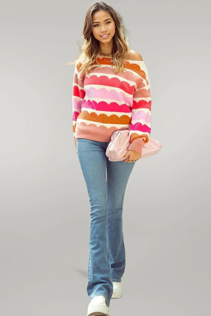 Rose Red Wave Striped Balloon Sleeve Drop Shoulder Sweater Rose Red 42%Acrylic+30%Polyester+28%Polyamide