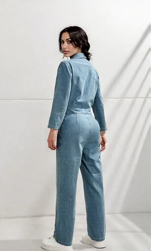 Half Button Long Sleeve Straight Leg Denim Jumpsuit
