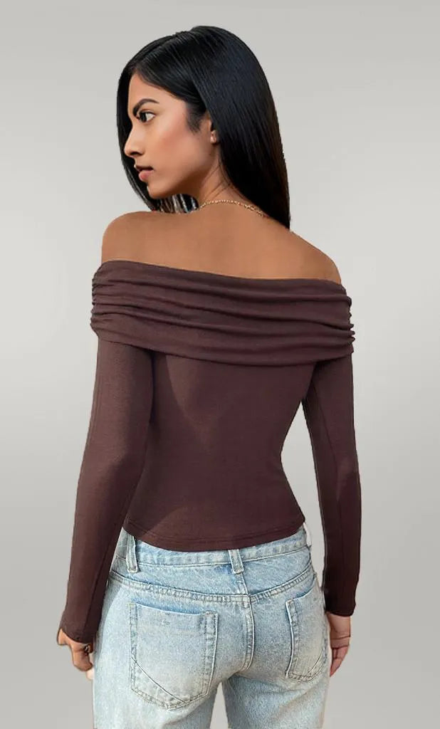 Off-Shoulder Long Sleeve Fitted T-Shirt