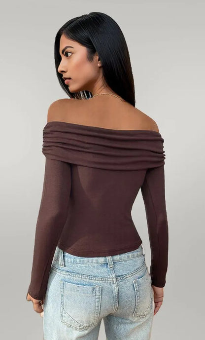 Off-Shoulder Long Sleeve Fitted T-Shirt