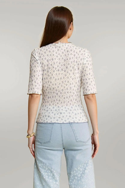 Davi & Dani Lace Stretch Floral Marrow Edge Half Sleeve Top