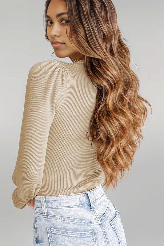 Apricot Ribbed Balloon Sleeve Bodysuit