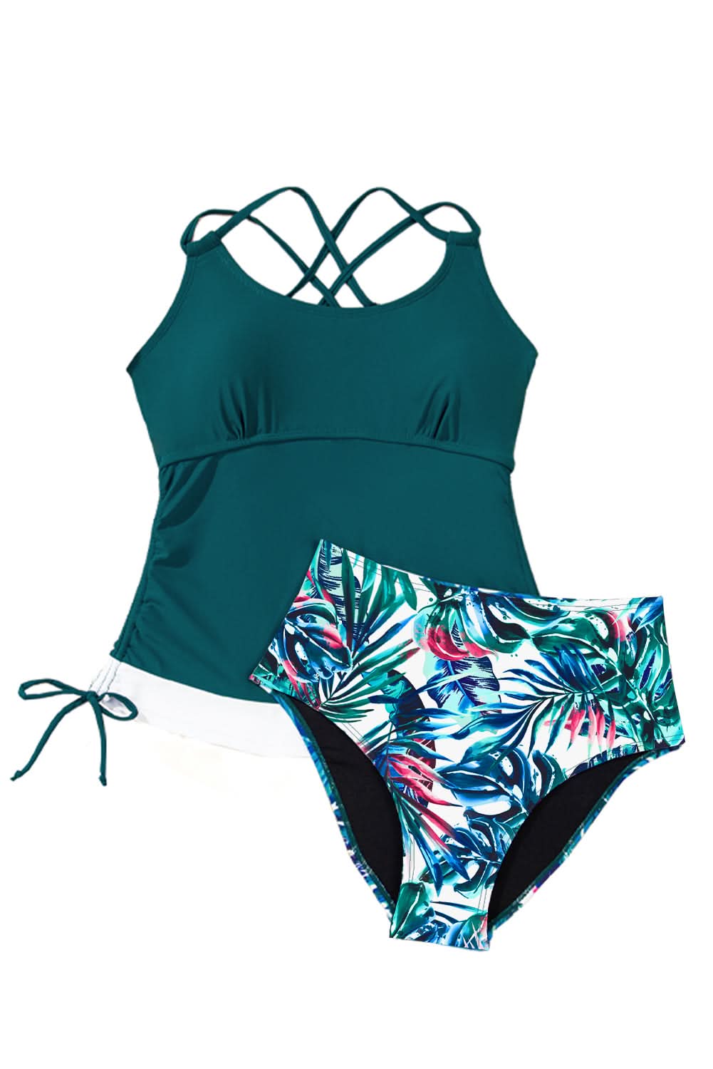 Mineral Red Drawstring Tummy Control Mix-and-match 2pcs Tankini Swimsuit Sea Green 82%Polyamide+18%Elastane