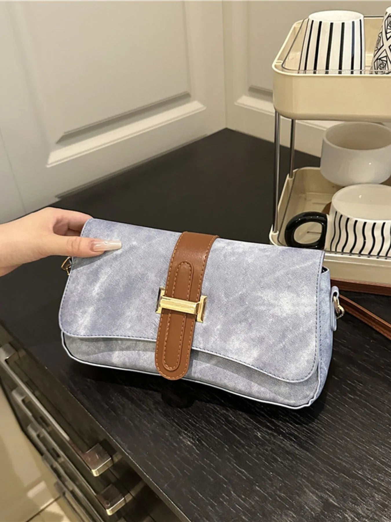 Leather Buckle Strap Crossbody Bag Blue One Size
