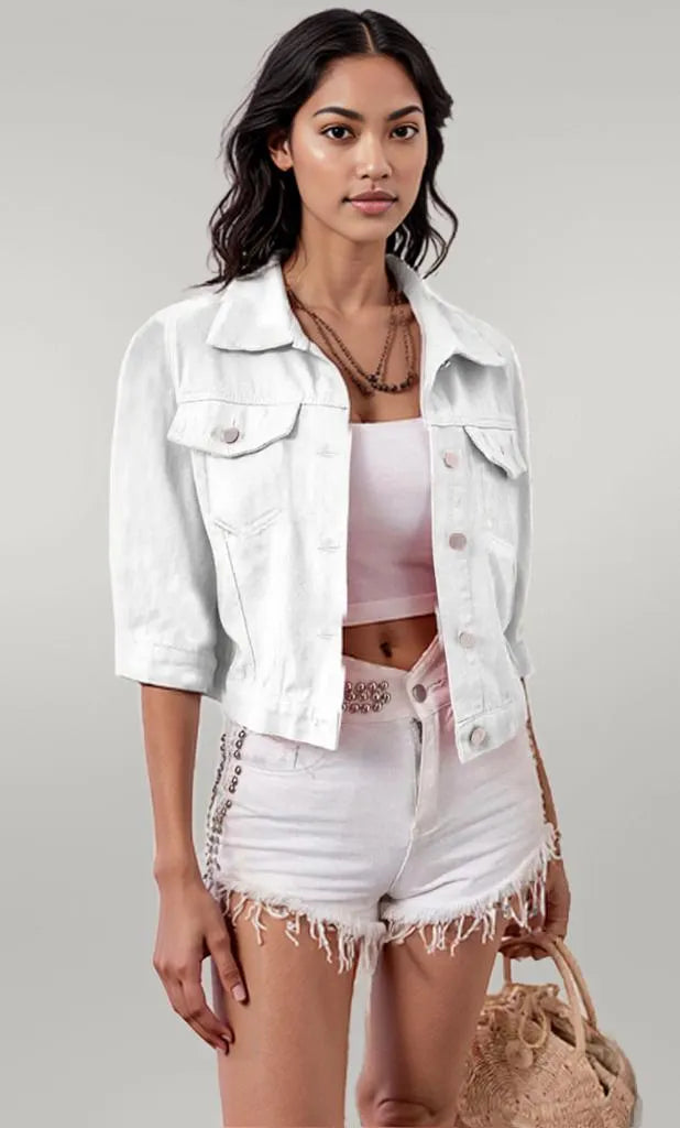 Full Size Cropped Denim Jacket White