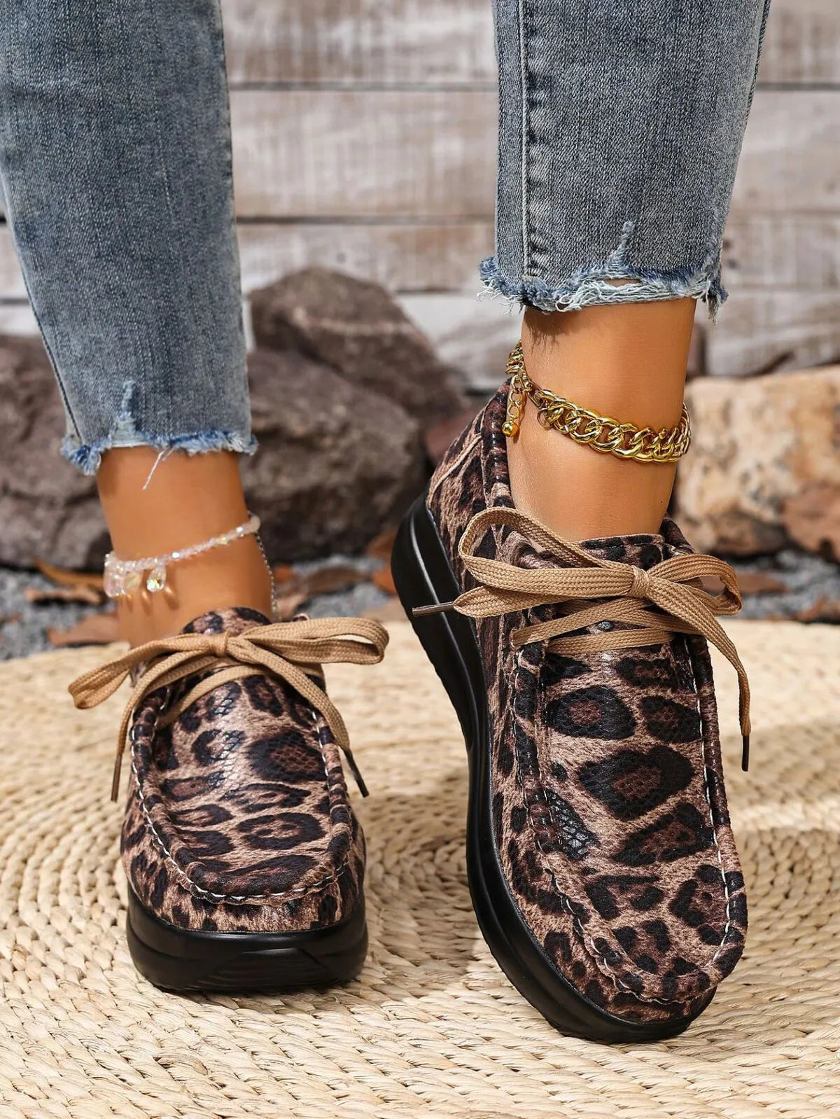Leopard Round Toe Platform Loafers Gray Leopard Print
