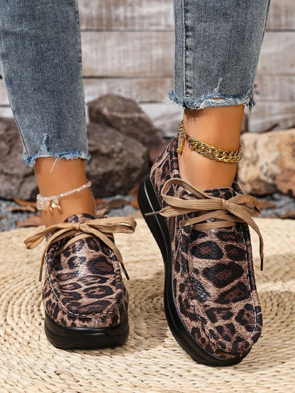 Leopard Round Toe Platform Loafers Gray Leopard Print