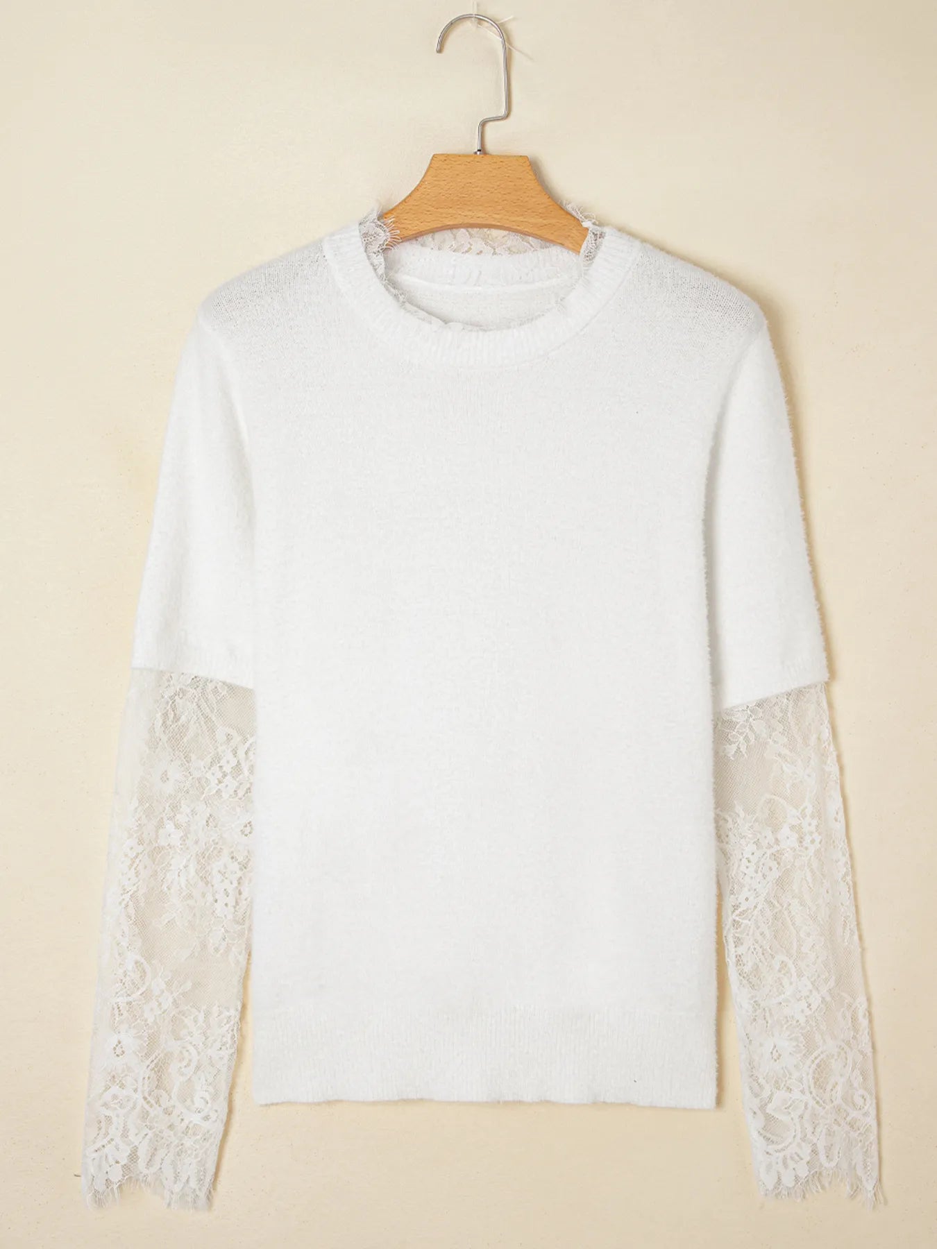 Lace Sleeve Patchwork Faux Two-piece Fuzzy Sweater White