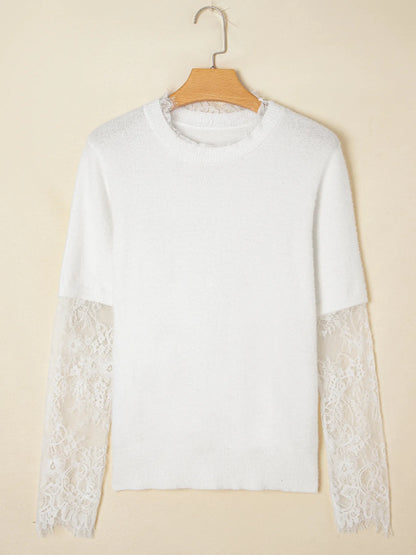Lace Sleeve Patchwork Faux Two-piece Fuzzy Sweater White