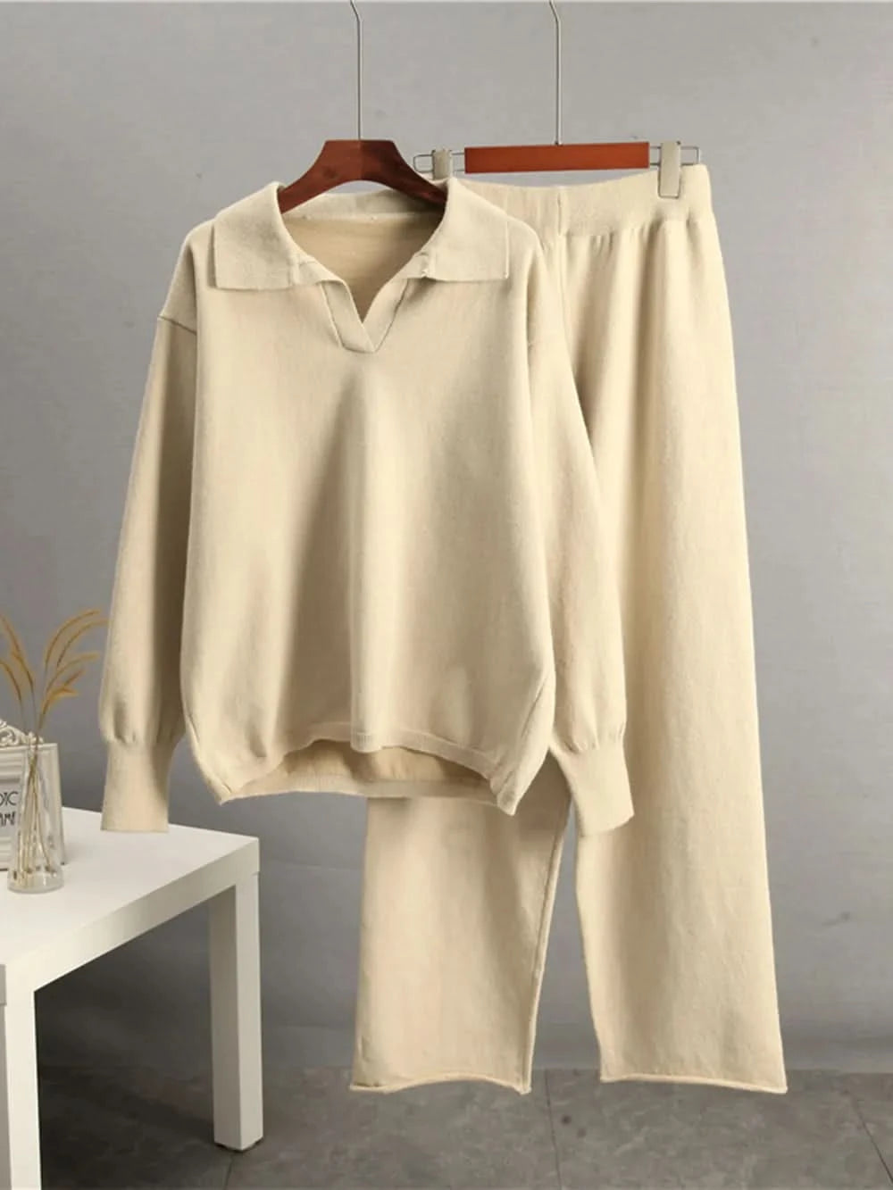 Johnny Collar Long Sleeve Top and Pants Sweater Set Tan One Size