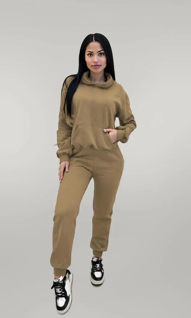Long Sleeve Hoodie and Joggers Set Khaki