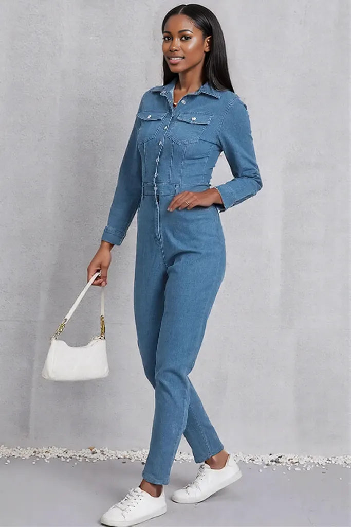 Snap Down Denim Jumpsuit with Pockets