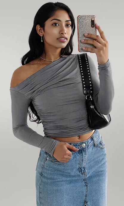 Ruffled Single Shoulder T-Shirt Black