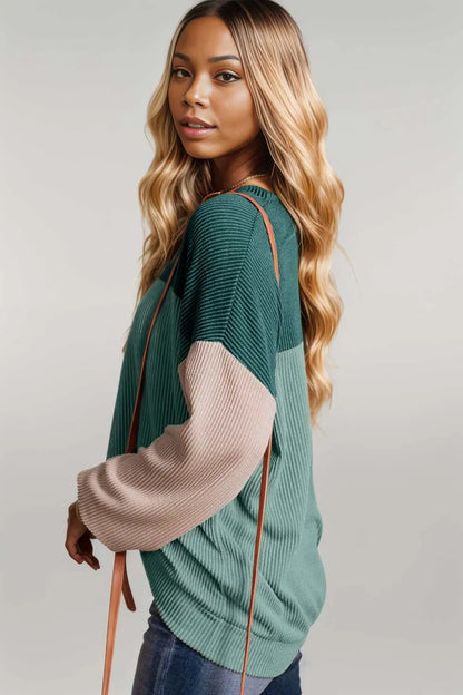 Black Color Block Long Sleeve Ribbed Loose Top Green-2 75%Polyester+20%Viscose+5%Elastane