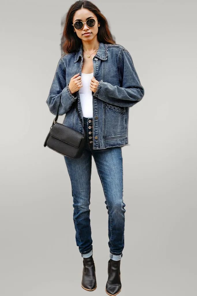 Sail Blue Scallop Trim Collar Patched Pocket Button Up Denim Jacket Sail Blue 75%Cotton+25%Polyester