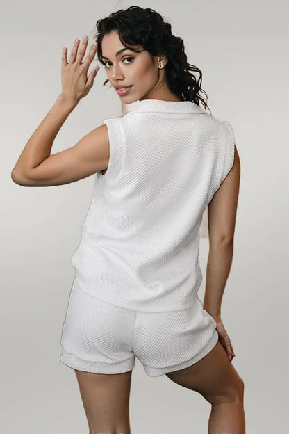 White Textured Half Zip Tank Top Drawstring Shorts Set White 97%Polyester+3%Elastane