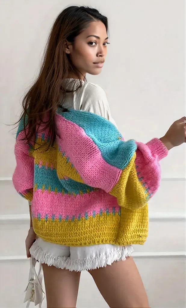 Color Block Drop Shoulder Cardigan Fuchsia Pink