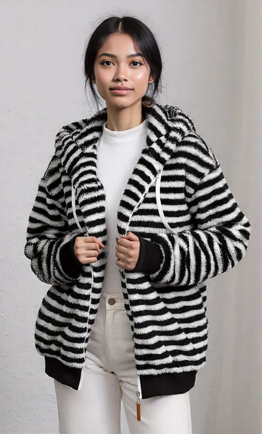 Striped Fuzzy Zip Up Hooded Outerwear Black