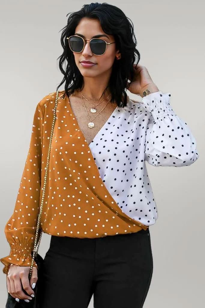 Ivy Lane Polka Dot Surplice Neck Lantern Sleeve Blouse Tangerine