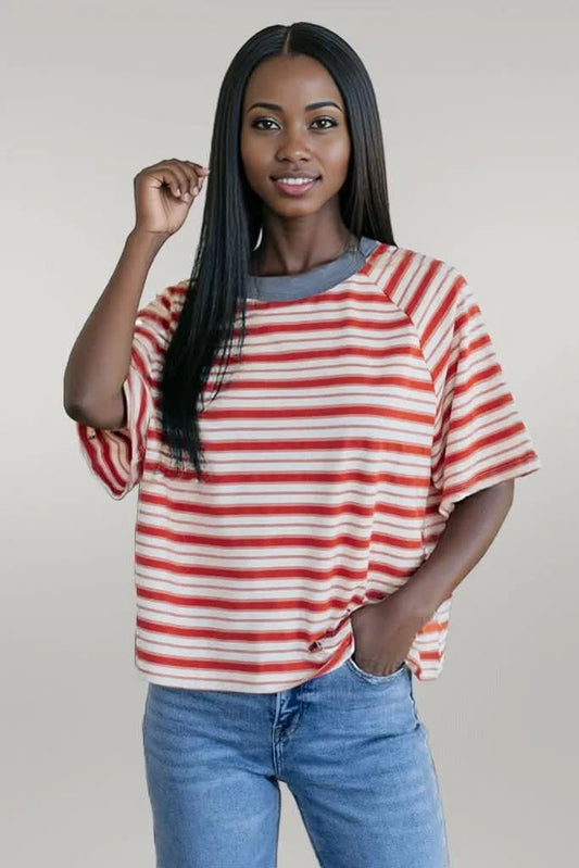Tomato Red Stripe Print Contrast Collar Raglan Sleeve T Shirt