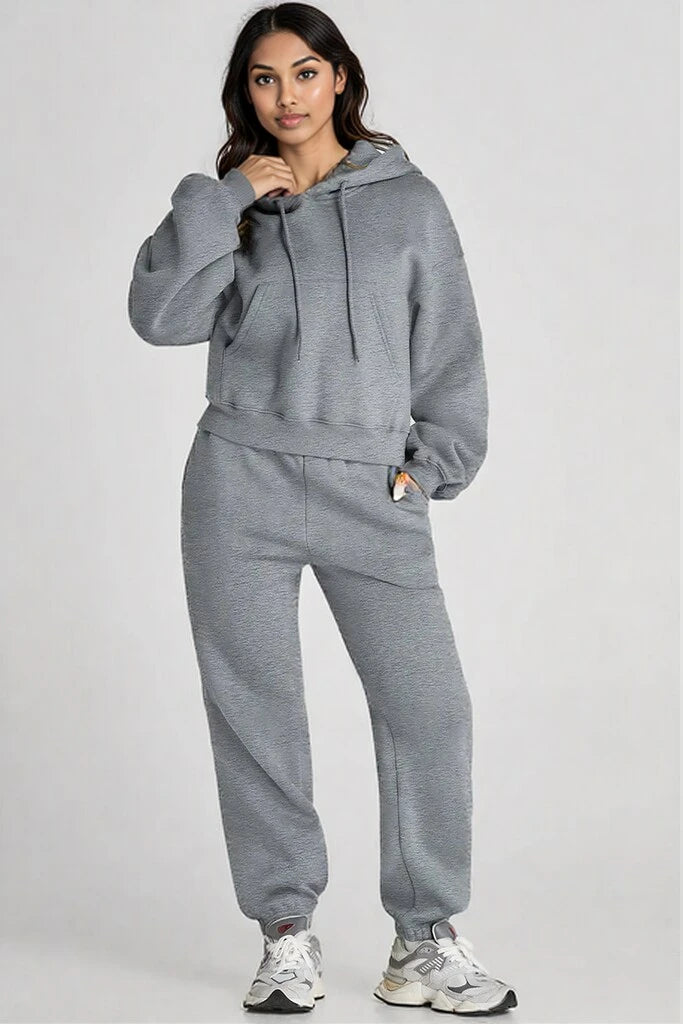 Dropped Shoulder Hooded Top and Pants Active Set Gray