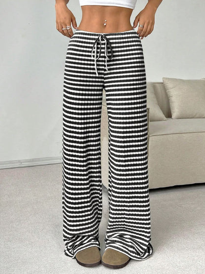 Tied Striped Wide Leg Pants Black