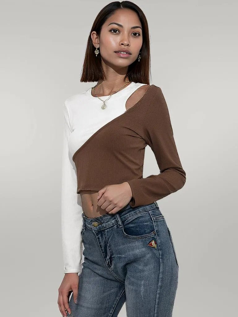 Ivy Lane Cropped Contrast Color Round Neck Short Sleeve Tee Brown