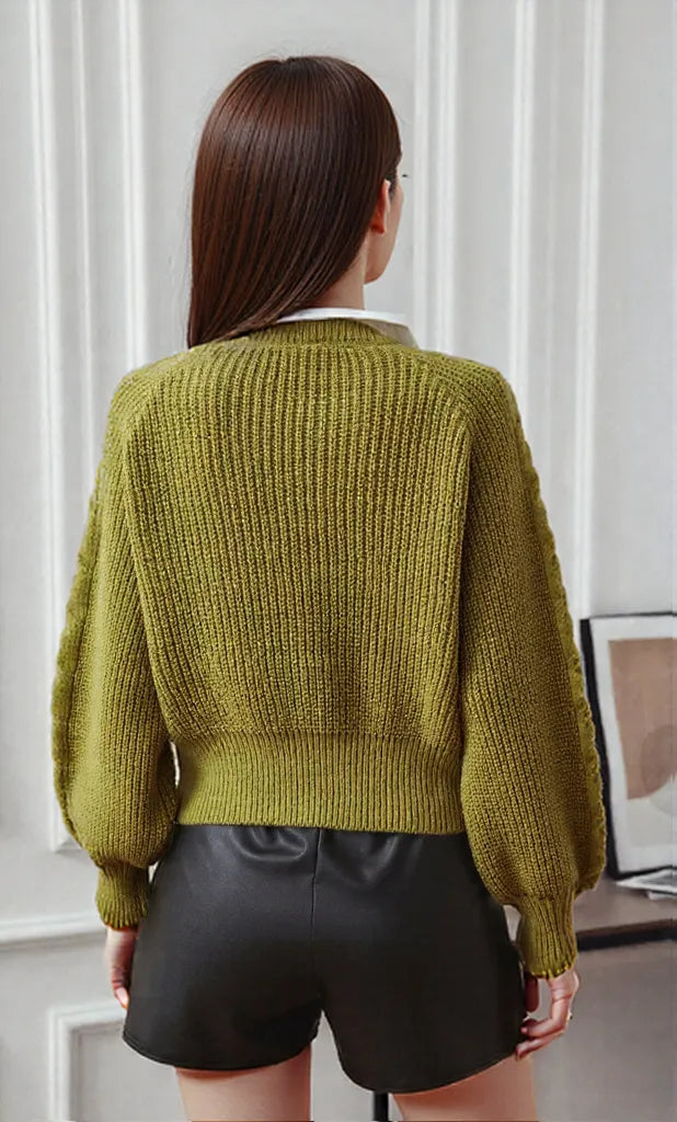 Cable-Knit Collared Neck Faux Layered Sweater